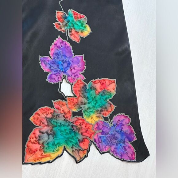 Vintage hand painted silk scarf fall leafs open work - black 10” x 64” - Picture 2 of 5